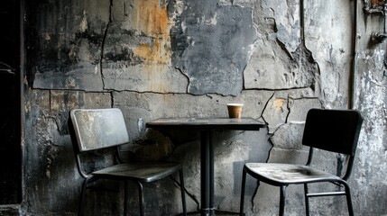 Two chairs and table against a weathered wall.