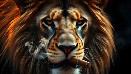 Naklejka premium Majestic Lion with a Cigar: A Striking Portrait Capturing the King of the Jungle