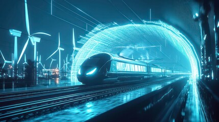 futuristic electric train traveling on illuminated tracks surrounded by wind turbines and modern infrastructure showcasing renewable energy integration