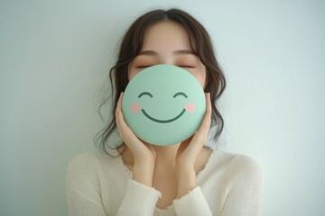 Asian woman holding smile emoji face promoting positive mental health and wellness concepts for world mental health day