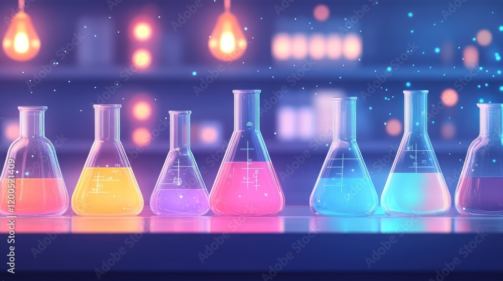 Poster colorful liquids in erlenmeyer flasks on a lab bench.