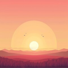 Fototapeta premium A minimalist sunset landscape with a large sun and a field of grass in the foreground.