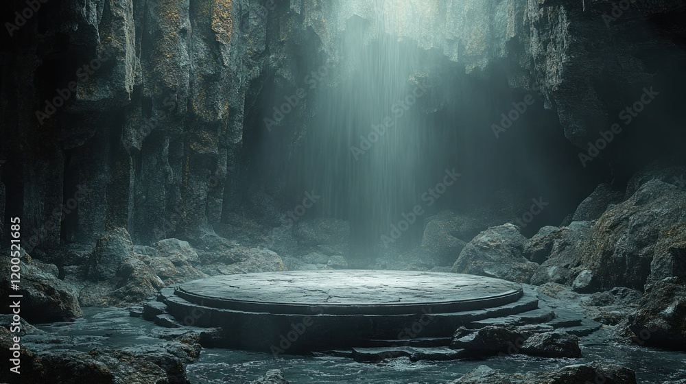Poster Dramatic Circular Platform Surrounded by Dark Jagged Rocks Illuminated by Spotlight for Showcase and Display
