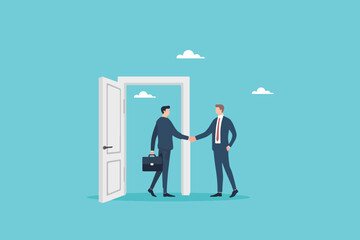 Professional Goodbye, Business Manager Shakes Hands with Leaving Employee, Showcasing Respect and Appreciation