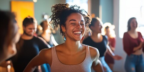 A cheerful photo of a group of friends enjoying a lively salsa dance class, laughing and spinning together