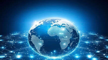Fototapeta premium a digital representation of the earth glowing with network connections in a blue futuristic design, symbolizing global communication
