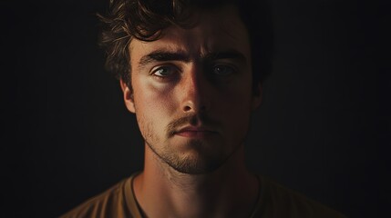 Fototapeta premium Young Man Portrait Dark Background Serious Expression