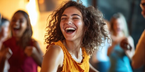 A cheerful photo of a group of friends enjoying a lively salsa dance class, laughing and spinning together