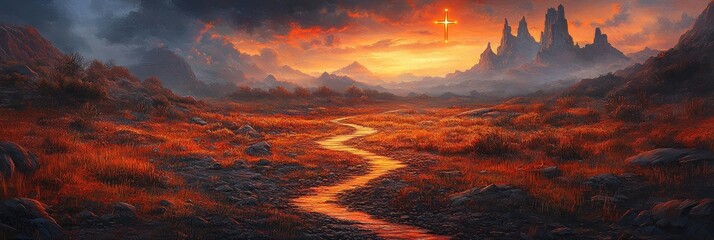 Sunset path through autumnal valley, mountainous background, fantasy art, game design