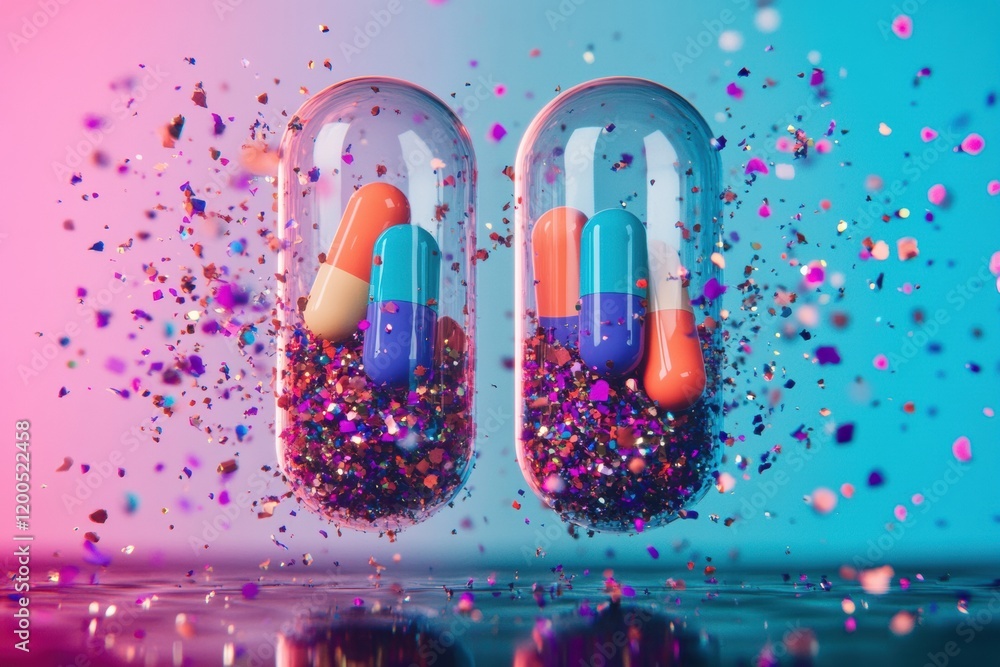 Fototapete colorful particles cascade from split capsules in a vibrant display of creativity and innovation. ge