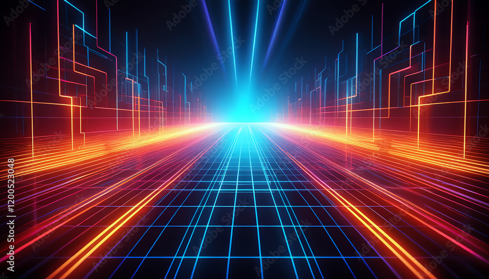 Poster a vibrant, futuristic scene featuring glowing lines and grids that create a sense of depth and movem