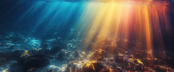 Fototapeta premium Underwater sunbeams illuminate seabed rocks. Ocean floor scene. Nature background