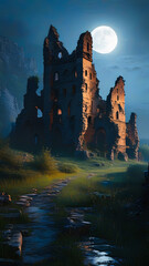 A partially ruined old castle at night, illuminated solely by soft and mystical moonlight. The castle should have crumbling walls, broken towers, and overgrown vegetation creeping over the stonework. 