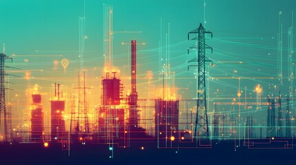 Fototapeta premium Industrial Landscape with Networked Power Grid and Factory
