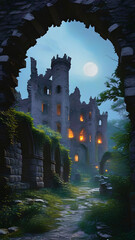 A partially ruined old castle at night, illuminated solely by soft and mystical moonlight. The castle should have crumbling walls, broken towers, and overgrown vegetation creeping over the stonework. 