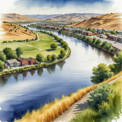 watercolor illustration of Austin, Texas, capturing the city's eclectic charm and natural beauty.