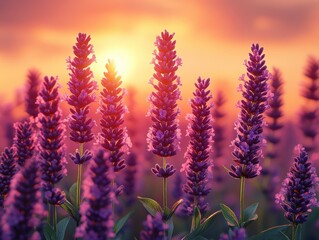 Obraz premium A vibrant field of lavender flowers at sunset, showcasing nature's beauty.