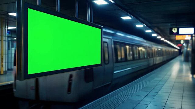 Green screen billboard on the side of a train in an underground station