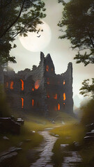 A partially ruined old castle at night, illuminated solely by soft and mystical moonlight. The castle should have crumbling walls, broken towers, and overgrown vegetation creeping over the stonework. 