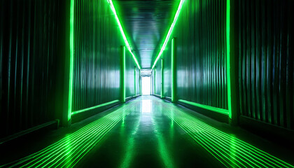 Fototapeta premium A futuristic corridor illuminated by vibrant green lights, leading towards a bright exit, creating a mysterious and high-tech atmosphere.