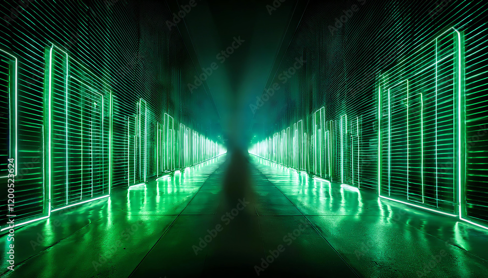 Poster a futuristic scene featuring a glowing green corridor, illuminated with digital patterns and a sense