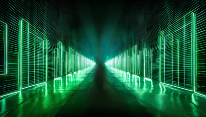 A futuristic scene featuring a glowing green corridor, illuminated with digital patterns and a sense of depth, creating a cybernetic atmosphere.