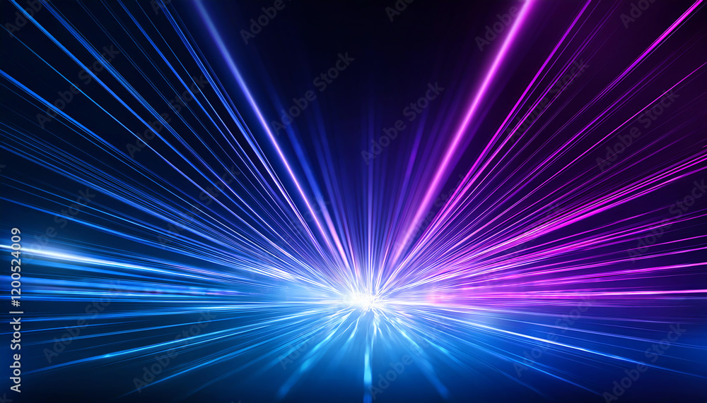 Poster a vibrant display of blue and purple light rays radiating from a central point, creating a dynamic a