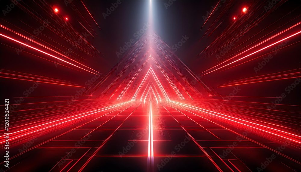 Poster a vibrant, abstract depiction of red and white light beams converging in a triangular formation, cre
