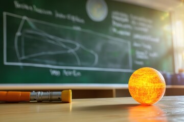Realistic glowing sun model on a classroom desk with chalkboard background, illustrating solar system concepts and education in astronomy and science