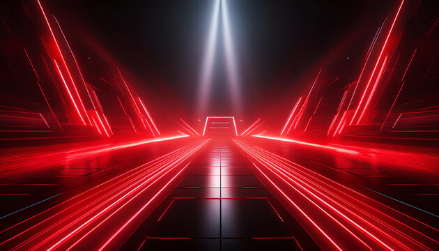 A futuristic scene with red laser beams converging towards a bright light, creating a striking visual effect in a dark environment.