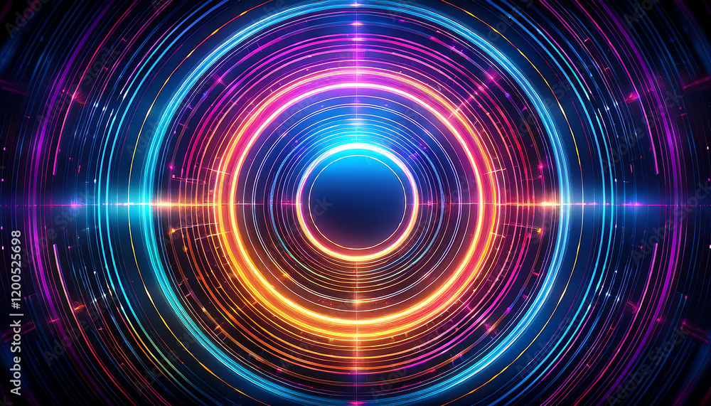 Poster a vibrant, abstract design featuring concentric circles of colorful light, creating a dynamic and en