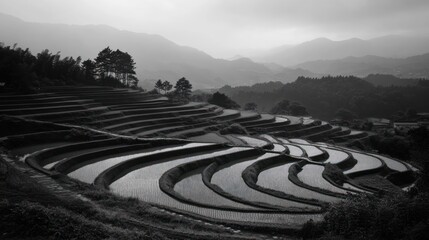 Monochromatic view of rice terraces in mountains.