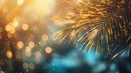Golden palm leaves with bokeh lights and water droplets.