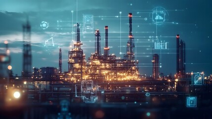 Illuminated Industrial Refinery Plant with Digital Overlay