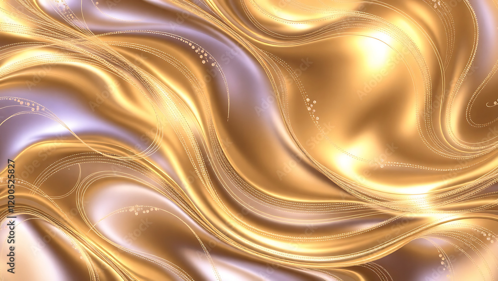 Poster golden flowing waves with delicate dotted lines on a smooth metallic background