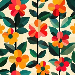 Geometric Floral Pattern Featuring Vivid Flowers and Leaves