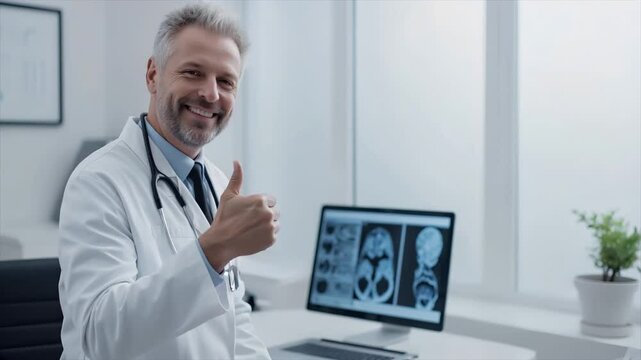 A doctor looks at the screen, smiles warmly and gives a thumbs-up sign to indicate that everything is fine. 01.