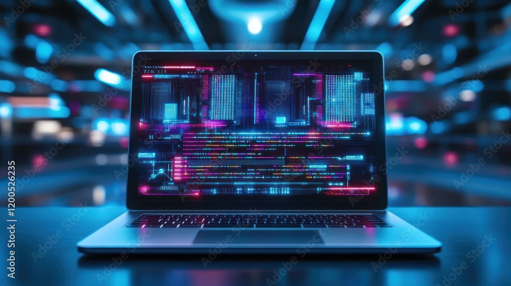 Poster laptop displaying futuristic code in a neon-lit room.