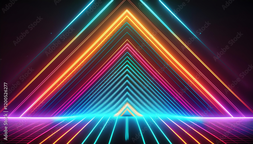 Poster a vibrant, futuristic design featuring colorful neon lights arranged in triangular patterns against 