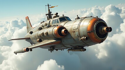 steampunk-inspired flying ship soaring over clouds