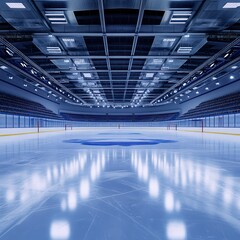 A modern hockey ice arena with predominantly white and blue details, showcasing a clean and professional sports environment.