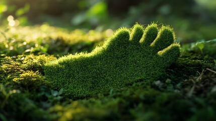 Grass foot print in moss, sunlight.