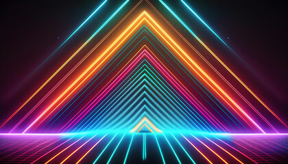Fototapeta premium A vibrant, futuristic design featuring colorful neon lights arranged in triangular patterns against a dark background.