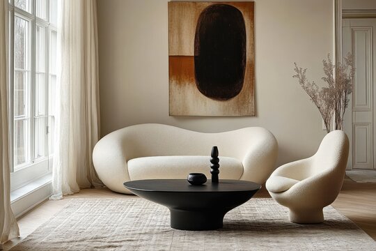 Minimalist Scandinavian Japandi Style Living Room with Soft Sofa and Accent Chair
