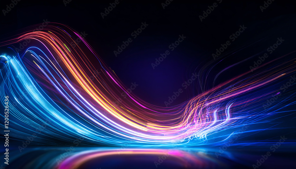 Poster a vibrant, abstract display of colorful light trails against a dark background, creating a sense of 