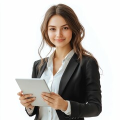 A professional consultant in formal attire holds a tablet, looking at the camera with a slight smile against a white background.