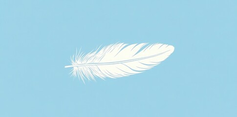 Single White Feather Against A Light Blue Background