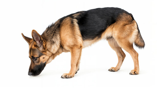 German Shepherd dog sniffing the ground isolated on white background showcasing curiosity and focus