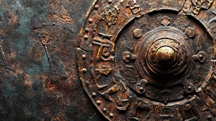Naklejka premium Ancient Rusty Shield with Intricate Details