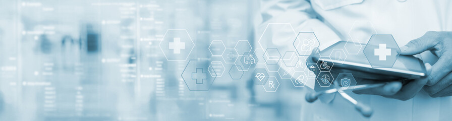 Medical technology, online health, global health network, telemedicine concept. Doctor using...